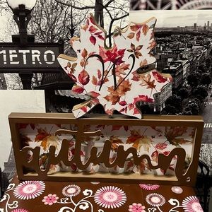 New Home Collection Fall/Autumn Leaves Shelf Sitter Decor Set with Initial “W”